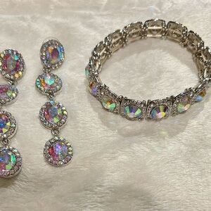 Rhinestone and Aurora Crystal Drop Earrings and Stretch Bracelet Set